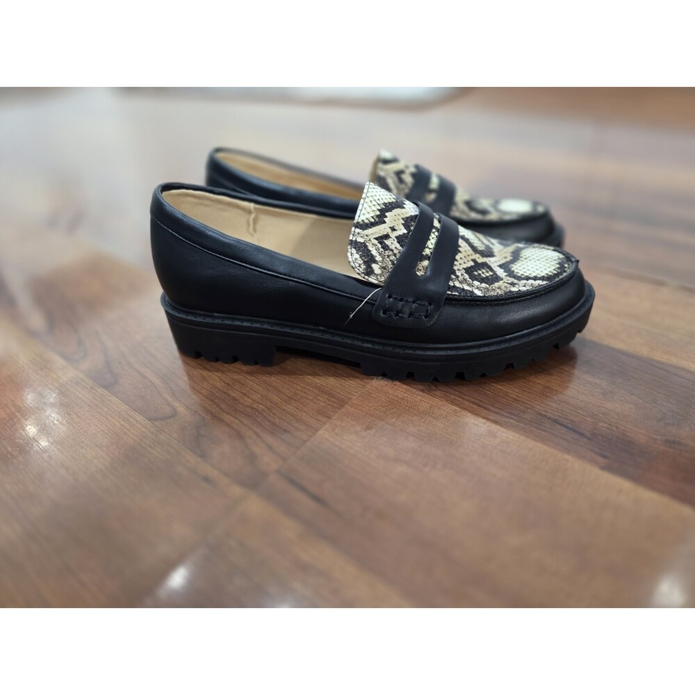 Journee Penny Loafers Women Black & Snakeskin Chunky Platform Lug Block Heel Y2K